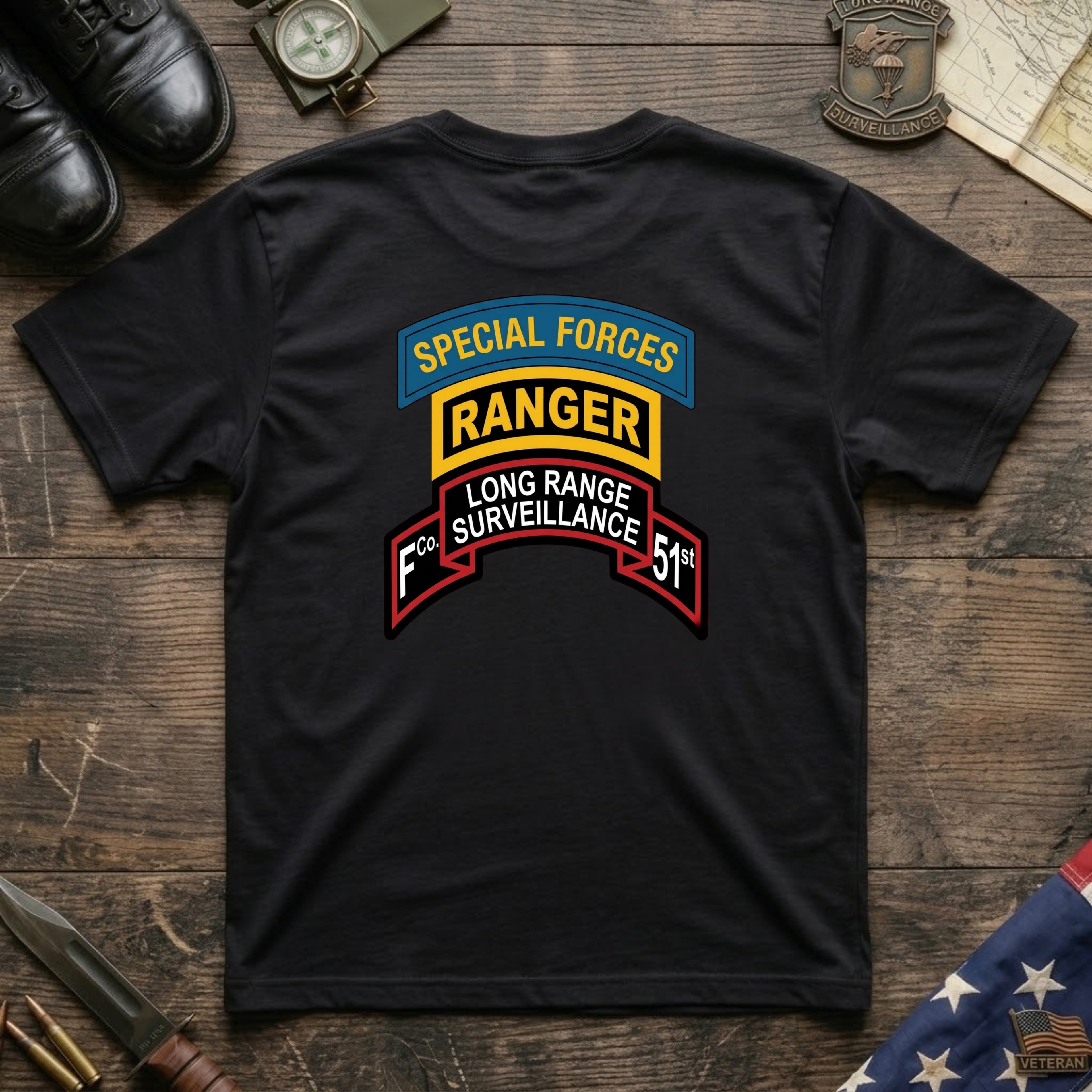 F Co. 51st Infantry (LRS) Scroll with SF & Ranger Tab & Master Wings Softstyle T-Shirt