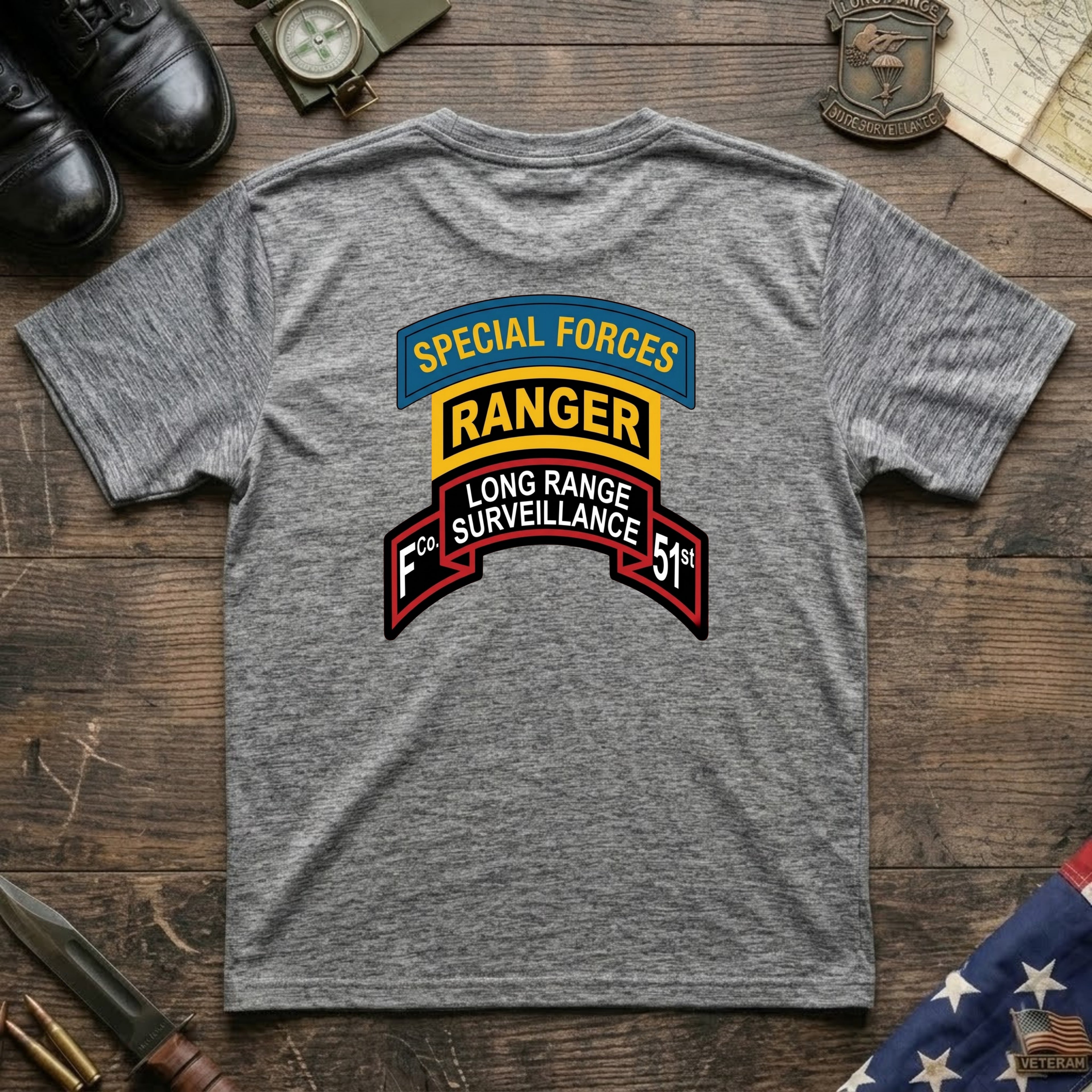 F Co. 51st Infantry (LRS) Scroll with SF & Ranger Tab & Master Wings Softstyle T-Shirt