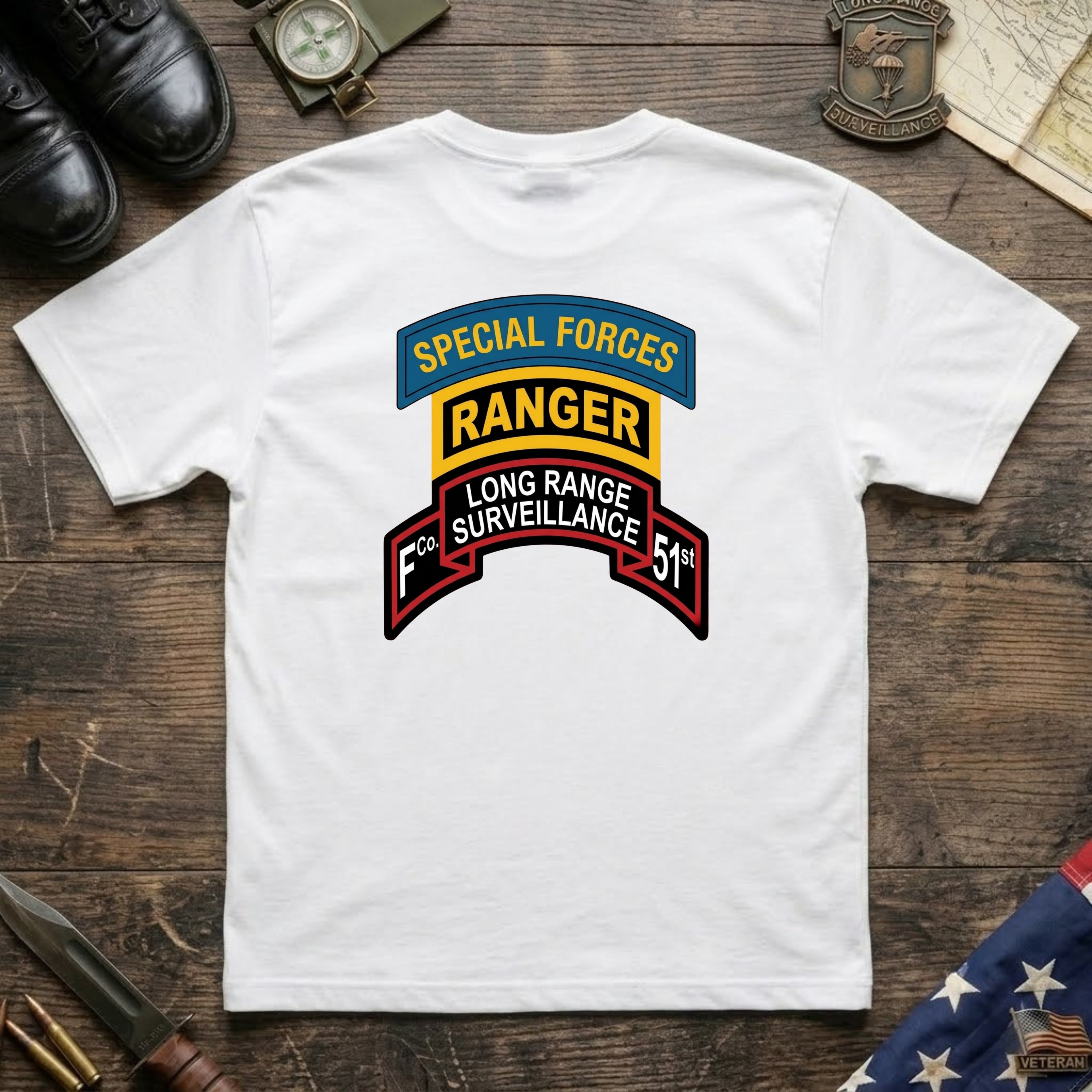 F Co. 51st Infantry (LRS) Scroll with SF & Ranger Tab & Master Wings Softstyle T-Shirt